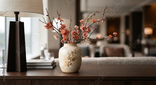 Ceramic Vase with Pink Cherry Blossoms on Console Table, Elegant Hospitality Interior Decor Concept