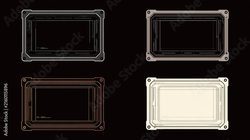 Futuristic Display Frames: A quartet of distinct, futuristic frames in black, dark grey, brown, and cream, each featuring metallic accents and a modern, minimalist design.