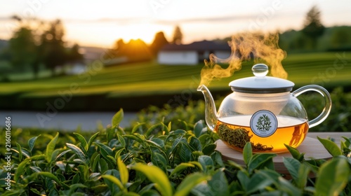 A steaming teapot filled with amber tea sits on a wooden base amidst lush green tea leaves, with a serene landscape and golden sunset in the background