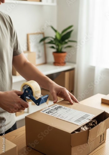 Man packing cardboard box with return label using tape dispenser. Online store logistics and e-commerce shipping concept. Preparation for delivery or parcel return service.