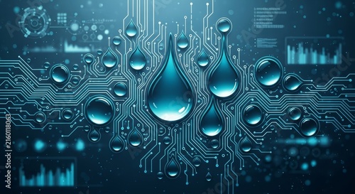Blue water drop on electronic circuit board pattern. Digital technology and water conservation concept. Eco innovation and smart environmental resource management system background.
