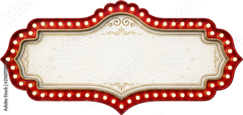 Elegant vintage theater marquee sign featuring a bright red frame adorned with glowing light bulbs and ornate golden filigree details surrounding a central copy space area