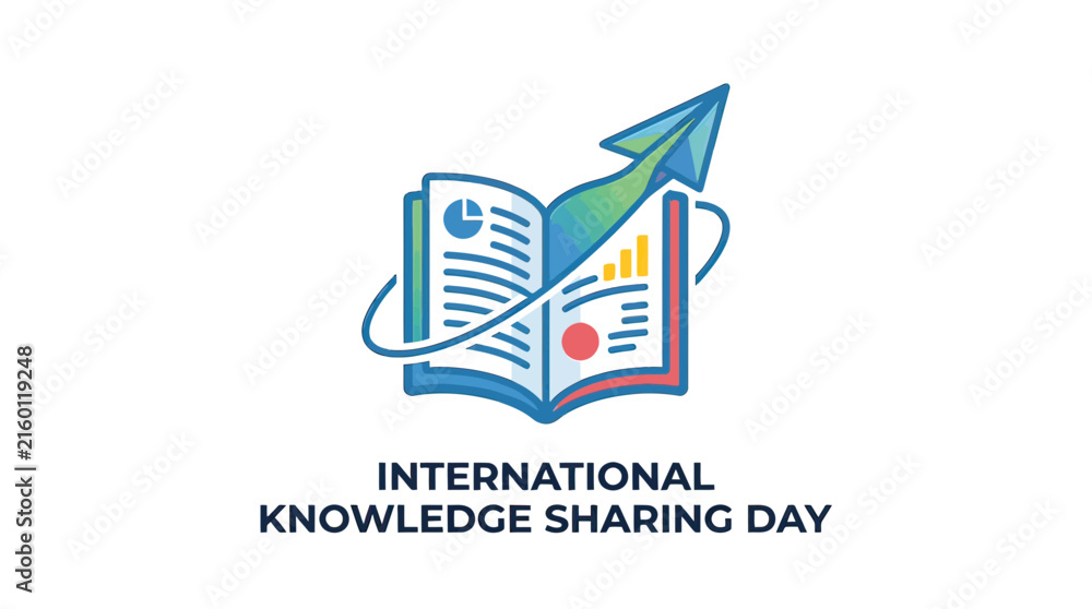 Fototapeta premium International Knowledge Sharing Day Concept with Open Book, Infographic Charts, and Flying Paper Plane