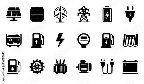 Renewable green energy generation and industrial power grid utility vector silhouette icon set featuring solar panels wind turbines electric vehicle charging stations pylons and dam infrastructure.