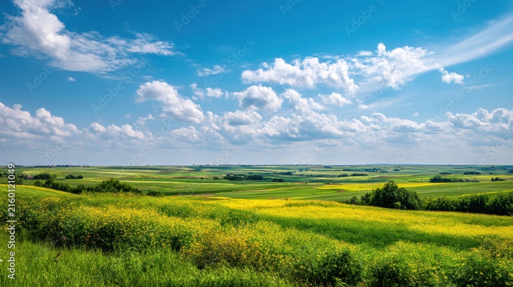 Fototapeta premium Vibrant landscape features rolling hills and fields of yellow flowers under bright blue sky. Fluffy clouds scatter across horizon in scenic, peaceful setting