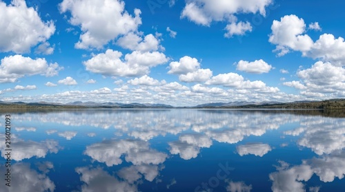 Beautiful fluffy clouds reflected in still water on a sunny day