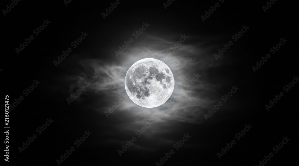 Fototapeta premium Dramatic full moon glowing through a cloudy night sky in monochrome