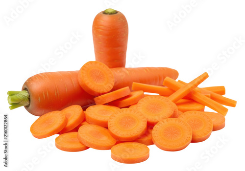 Whole and sliced carrots isolated on transparent background