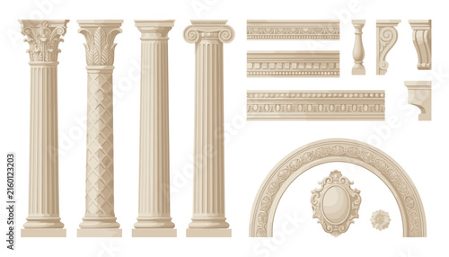 Obraz na plátně Classic Architectural Columns and Ornate Molding Vector Set Featuring Ancient Ro