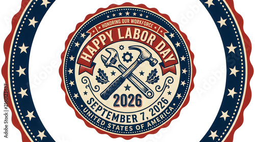 Labor Day emblem honoring American workers with tools and stars for 2026 celebration