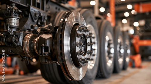 Close-up of truck disc brakes and wheels on a manufacturing assembly line. Professional heavy vehicle maintenance and logistics technology concept for industry.