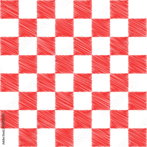 Red checkered pattern with rough diagonal crayon strokes forming alternating squares on a white background.