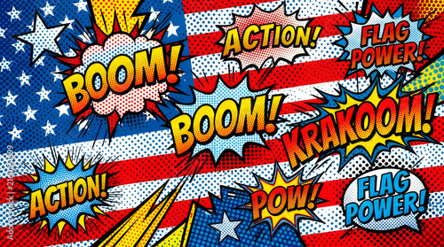 American flag with comic book sound effects and action words during patriotic celebration