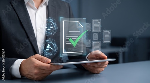 Legal compliance regulatory approval concept with smart contract documents justice scales and gavel on digital tablet