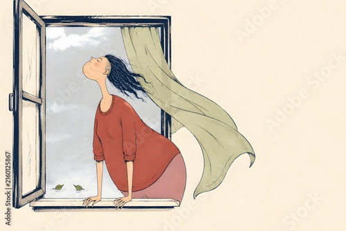 Woman enjoying a fresh breeze at an open window, perfect for wellness blog, web banner