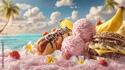 Delicious fast food items including ice cream scoops, hot dog, and burger on a sunny