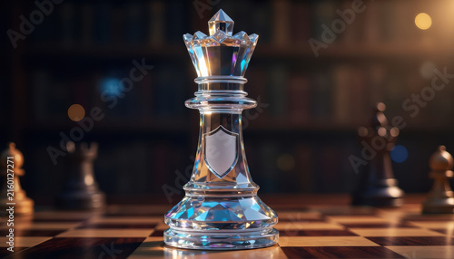 Crystal queen chess piece board strategy game glass reflection luxury colossally sized crystalline queen standing on chessboard with blurred library background