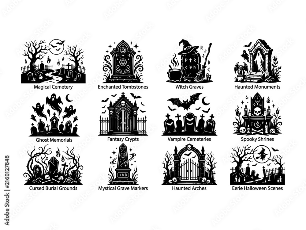 Fototapeta premium Magical cemetery and enchanted tombstone silhouettes for fantasy horror scene decoration.