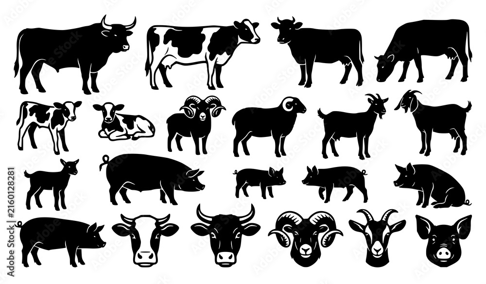 Fototapeta premium Cow Bull Calf Ram Goat Pig and Farm Animal Black Silhouette Vector Illustration Collection