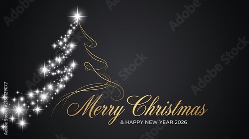 Elegant gold merry christmas and happy new year 2026 greeting card design with glowing starry tree with shiny