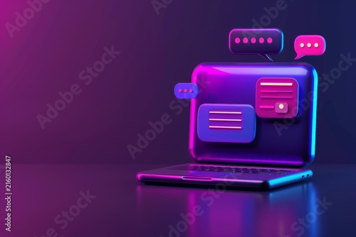 Laptop displaying chat messages and speech bubbles on a vibrant neon background