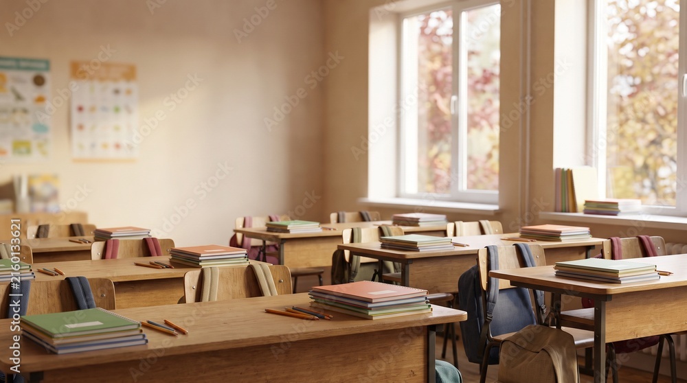 Naklejka premium Empty classroom with sunlight streaming through windows, books on desks