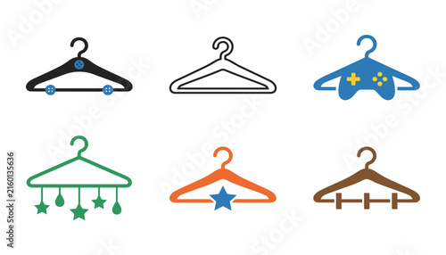 Bild auf Leinwand Clothes hangers, wardrobe storage, and specialty garment hanger vector icon set