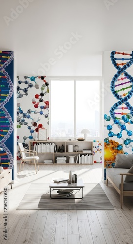 Panoramic view of a bright modern apartment blending minimalist wood furniture with scientific wall murals of DNA strands and molecules, pattern, science, interior