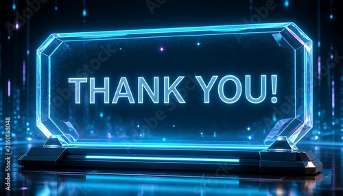 Glowing blue neon thank you glass sign for modern digital technology theme.