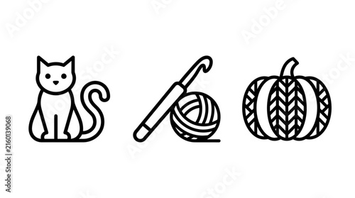 Hobby and autumn icon set featuring a cat yarn ball with crochet hook knitted pumpkin knitting seasonal vegetable minimalist illustration handmade activity relaxation domestic