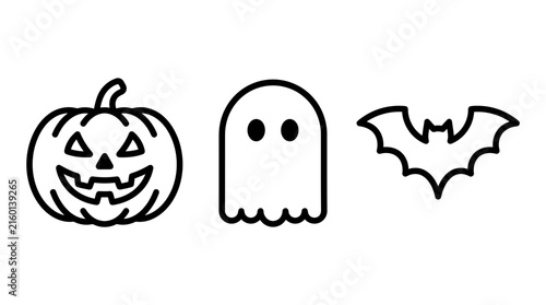 Minimalist halloween icon set with a smiling jack o lantern pumpkin a simple ghost silhouette and a flying bat line art halloween jackolantern minimalist illustration monochrome isolated