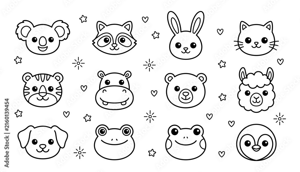 Naklejka premium Cute Animals Avatar Face Vector Illustration Set with Koala Raccoon Rabbit Cat Tiger Hippo Bear Llama Dog Frog and Penguin for Kids Coloring Book Stickers