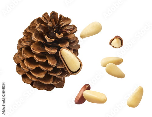 Foto Fresh raw pine nuts flying in the air isolated