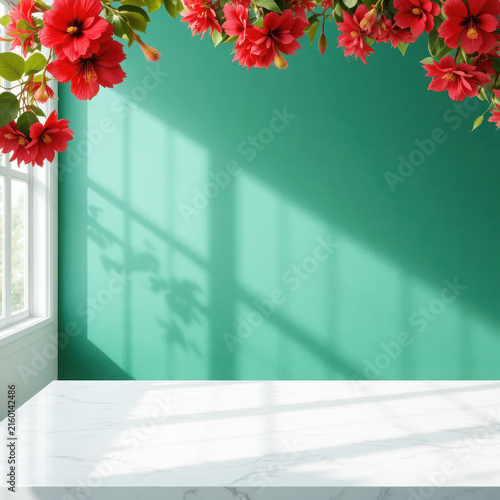 Empty White Marble Table Top With Red Flowers And Green Wall Background In Bright Sunlight