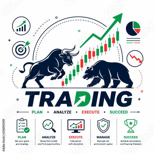 Stock market trading infographic with bull and bear, financial investment strategy icons, candlestick chart vector illustration