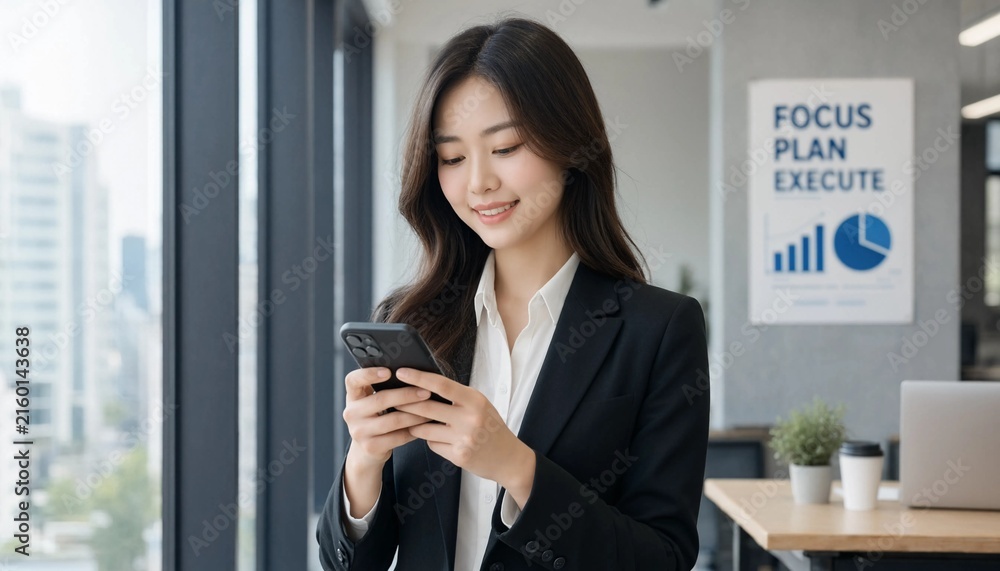 Fototapeta premium Businesswoman in a suit using a smartphone in a modern office with a focus plan execute sign