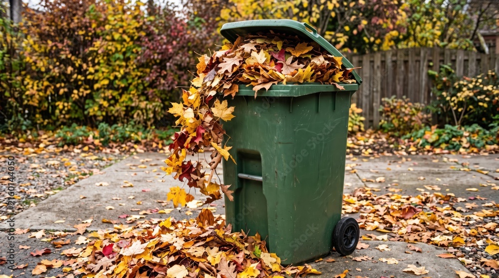 Obraz premium Overflowing outdoor garbage bin filled with colorful fallen autumn leaves, representing seasonal yard cleanup, garden maintenance, organic waste and fall housekeeping