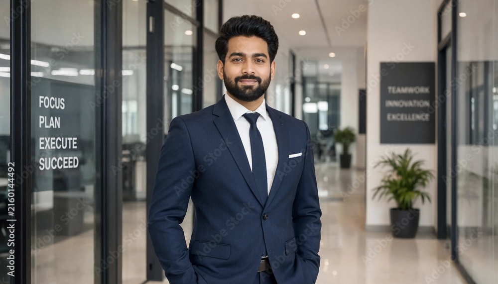 Fototapeta premium Bearded man in navy suit standing confidently in a modern office corridor with glass doors and motivational signage
