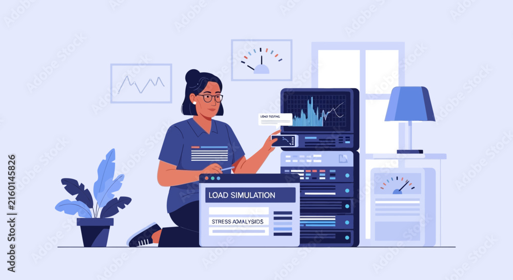 Fototapeta premium Woman performing server load simulation for network optimization and performance monitoring