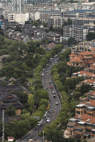Obraz na plátně Aerial Cityscape Blending Tradition And Modernity In Spring Summer Travel Scene