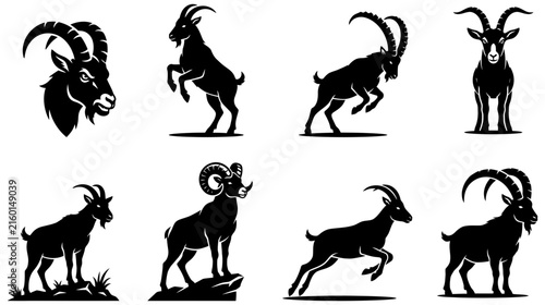 Collection of black and white ibex silhouettes in various dynamic poses and views