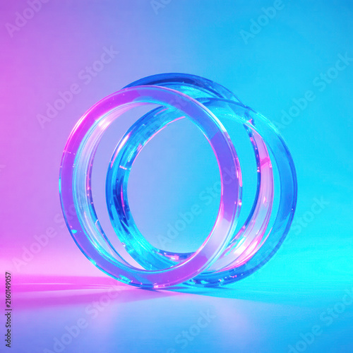 Abstract Glowing Glass Rings With Futuristic Pink And Blue Neon Lighting Background