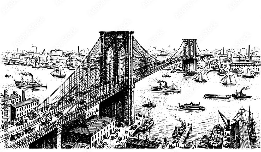 Fototapeta premium Brooklyn Bridge East River New York 1890s Vintage Cityscape Engraving