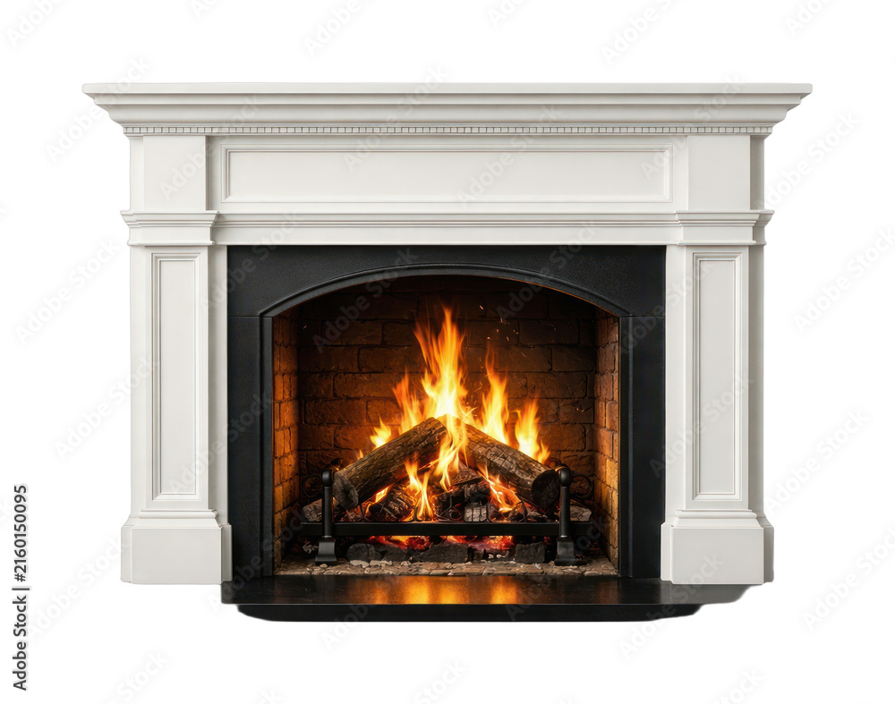 Fototapeta premium PNG Elegant white fireplace with fire
