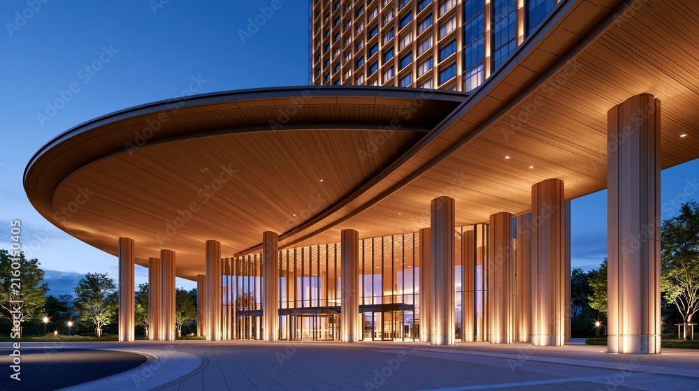 Obraz premium Modern hotel entrance with curved wooden canopy and illuminated columns at dusk