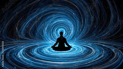 Silhouette of a person meditating in a vortex of swirling blue energy and stars