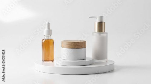 Minimalist skincare packaging bottles and jar on white pedestals