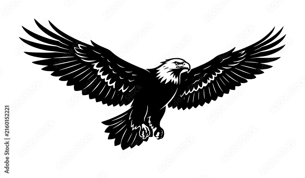 Fototapeta premium Title: Flying Eagle with Spread Wings Black Silhouette Vector Graphic for Tattoo