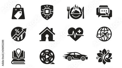 Assorted black glyph icons representing retail cybersecurity dining messaging finance real estate healthcare with collection shopping security restaurant communication airplane education