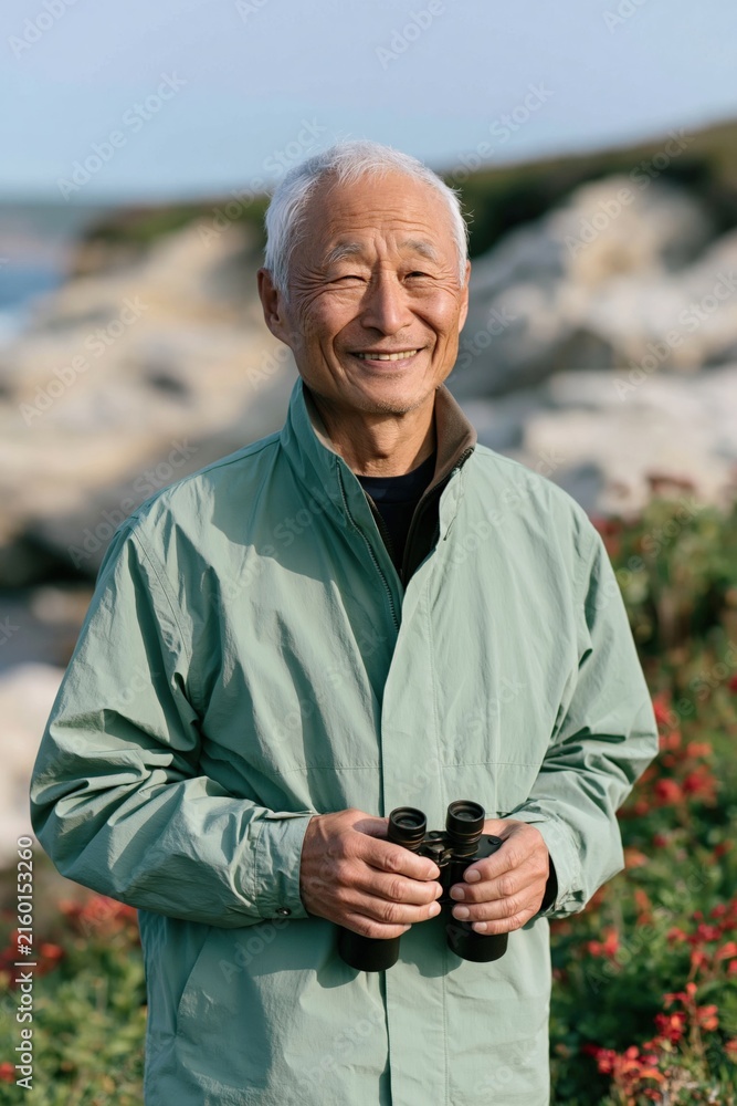 Fototapeta premium Senior man portrait on rocky seaside in green jacket holding binoculars for travel and wellness banner and outdoor lifestyle background